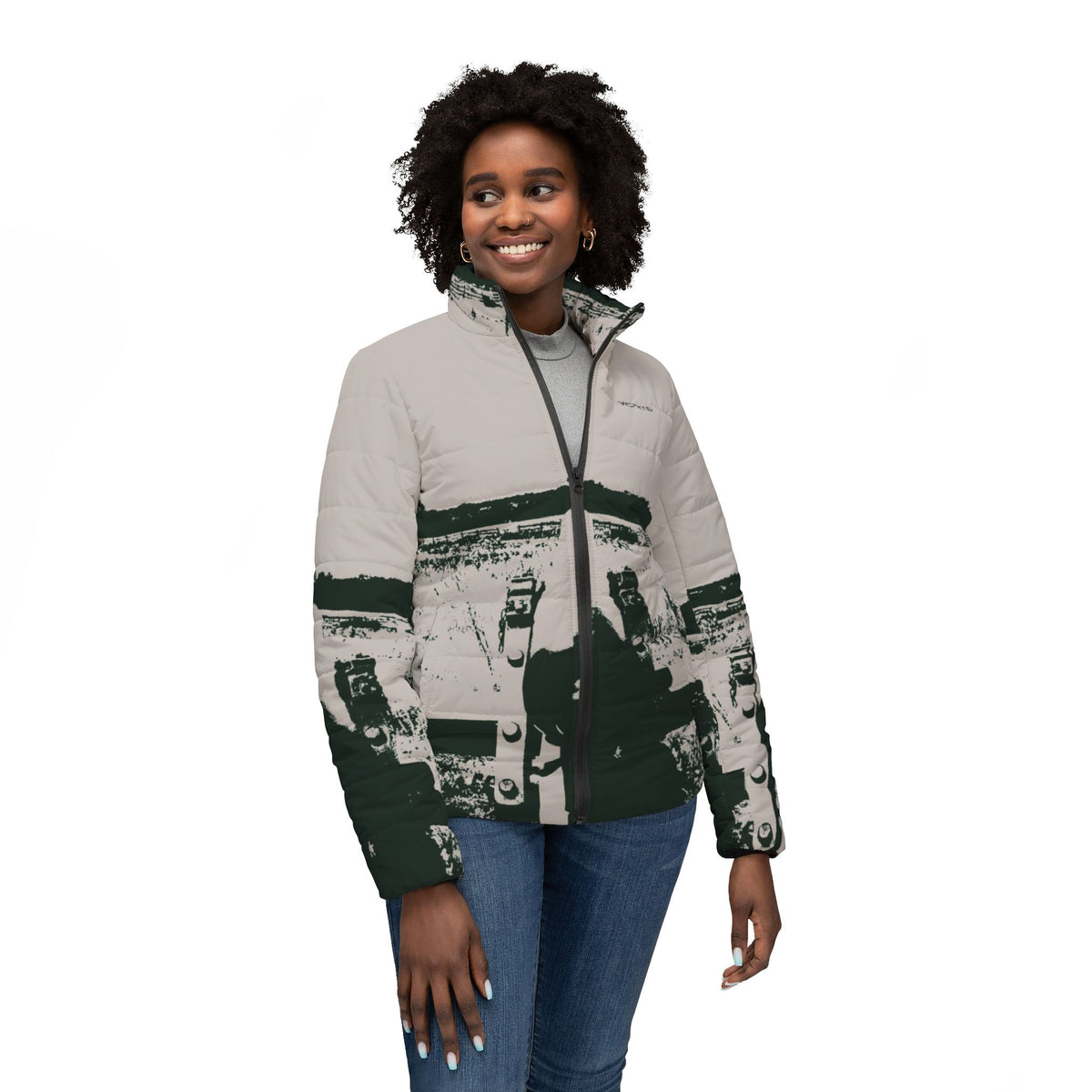Women’s Puffer Jacket – Vintage Black-and-White Winter Landscape Design