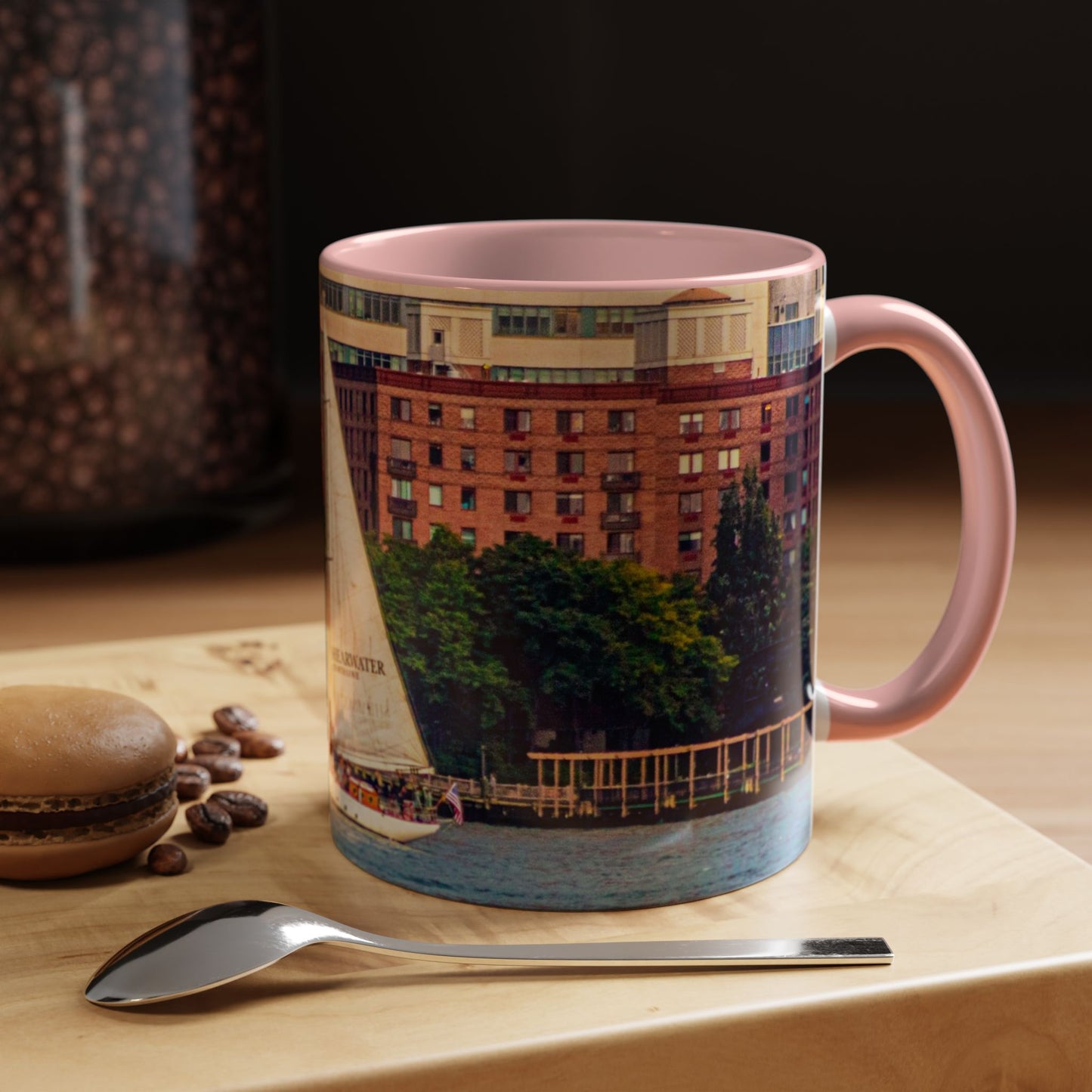 Two Tone Ceramic, 11oz Coffe Mug, Printed with a High-Res Elegant Image of a Saul Boat at the Hudson River, New York.