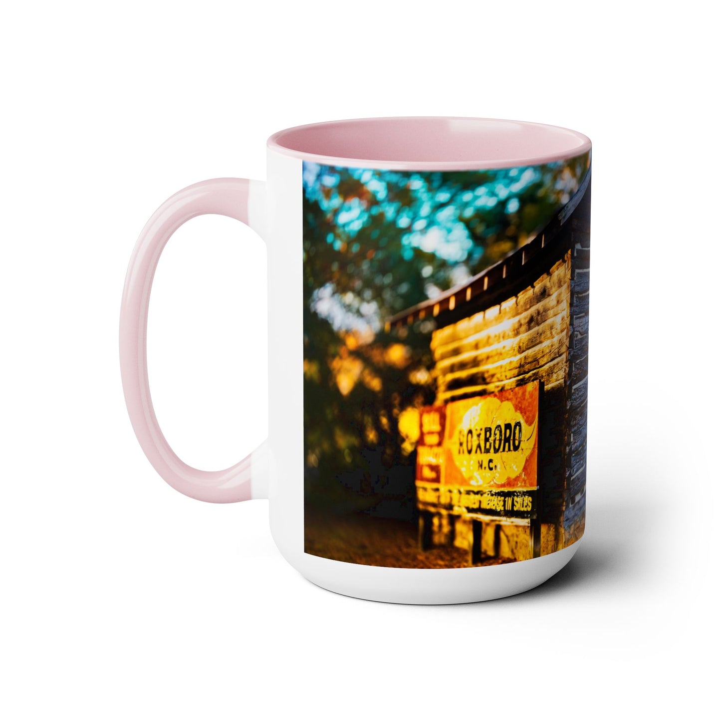 Two Tone Ceramic, 15oz Coffee Mug, Printed with a High-Res Beautiful Roxboro, NC Country Landscape.