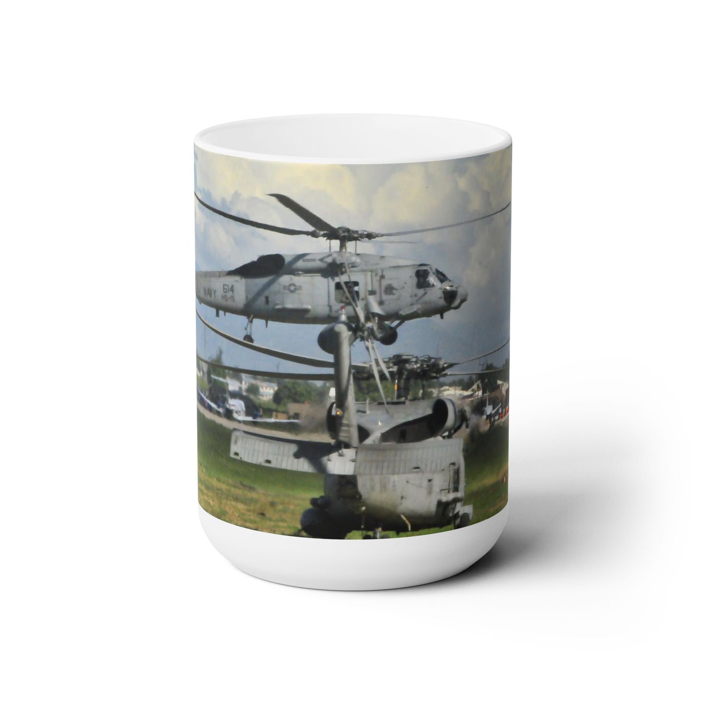Elegant 15oz Ceramic Coffee Mug printed with a beautiful Sikorsky UH-60 Black Hawk helicopter.