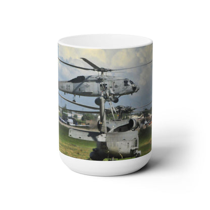 Elegant 15oz Ceramic Coffee Mug printed with a beautiful Sikorsky UH-60 Black Hawk helicopter.