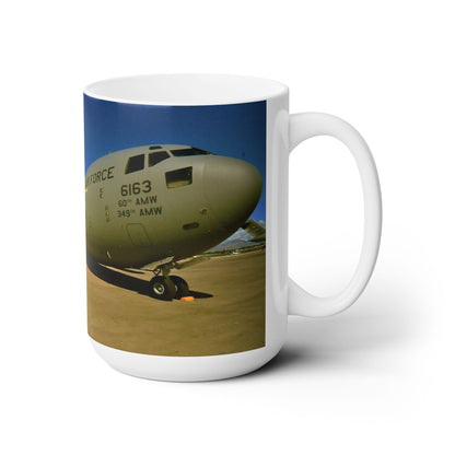 Elegant 15oz Ceramic Coffee Mug printed with a beautiful image of a C-5 Galaxy cargo plane.
