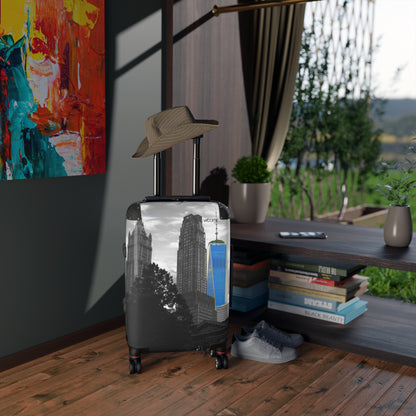 New York Skyline Carry-On Suitcase — Black & White Cityscape with Blue One World Trade Center Accent