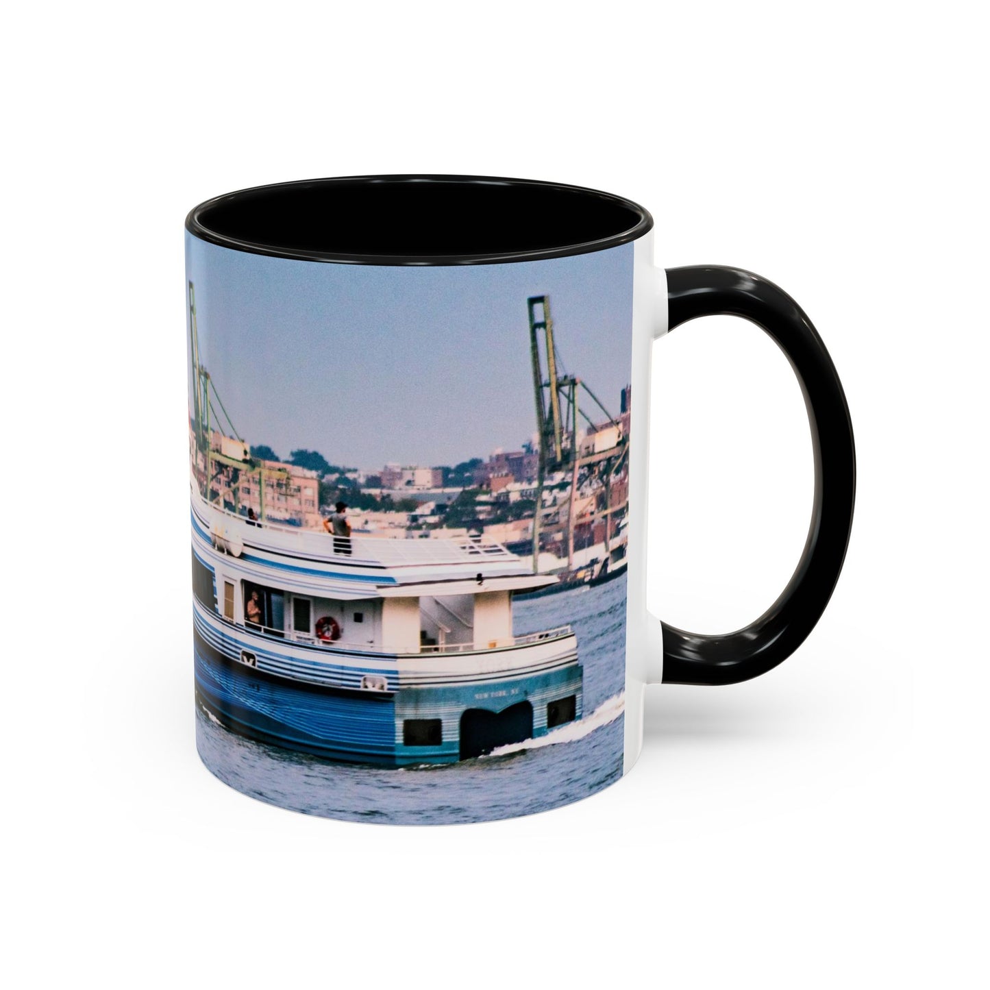 Two Tone 11oz Ceramic, Coffe Mug, Printed with a High-Res Elegant Image of a Boat at the Hudson River, New York.