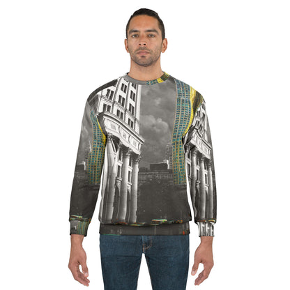 Cityscape Crewneck Sweatshirt — Vintage Black & White Skyline with Gold Accent