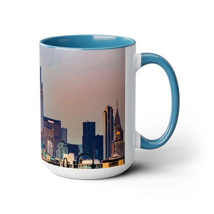 Two Tone 15oz Ceramic,  Coffee Mug, Printed with a High-Res Elegant Image of  New  York City View.