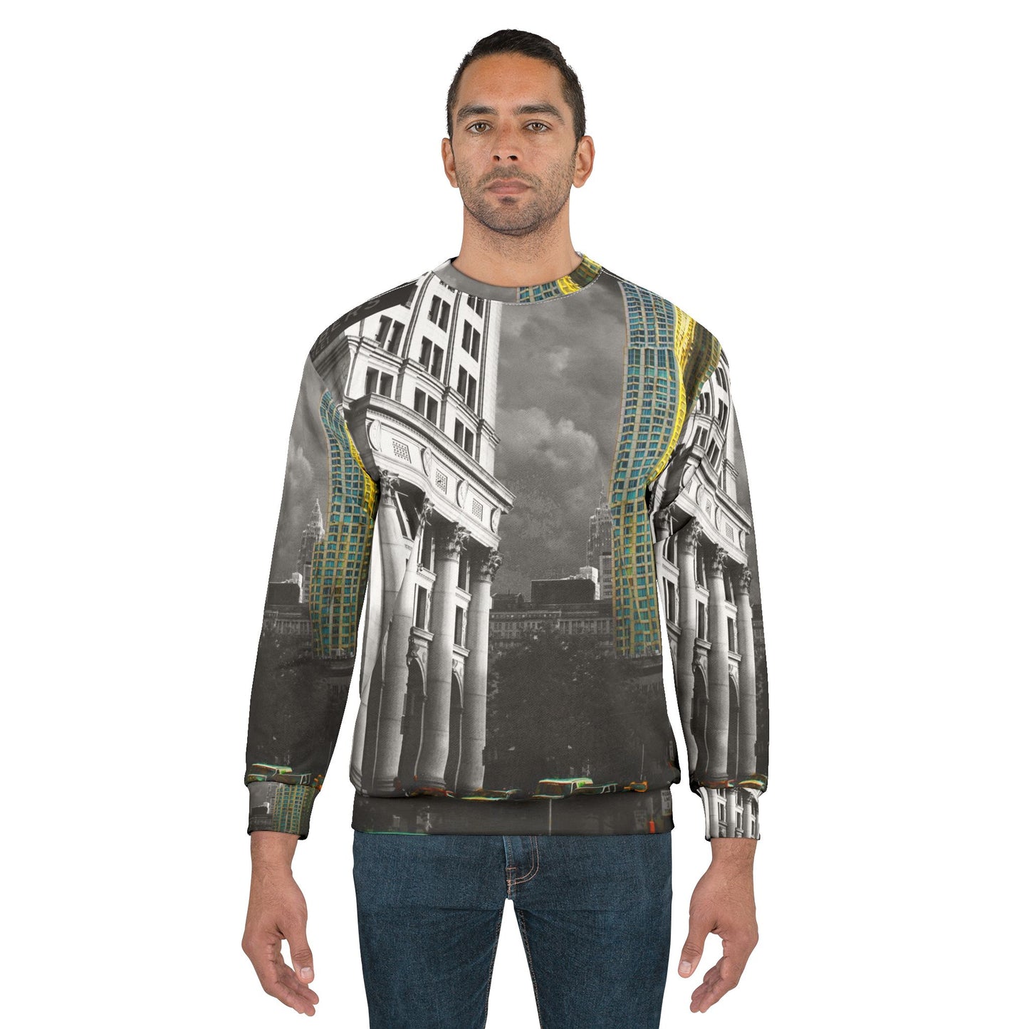 Cityscape Crewneck Sweatshirt — Vintage Black & White Skyline with Gold Accent
