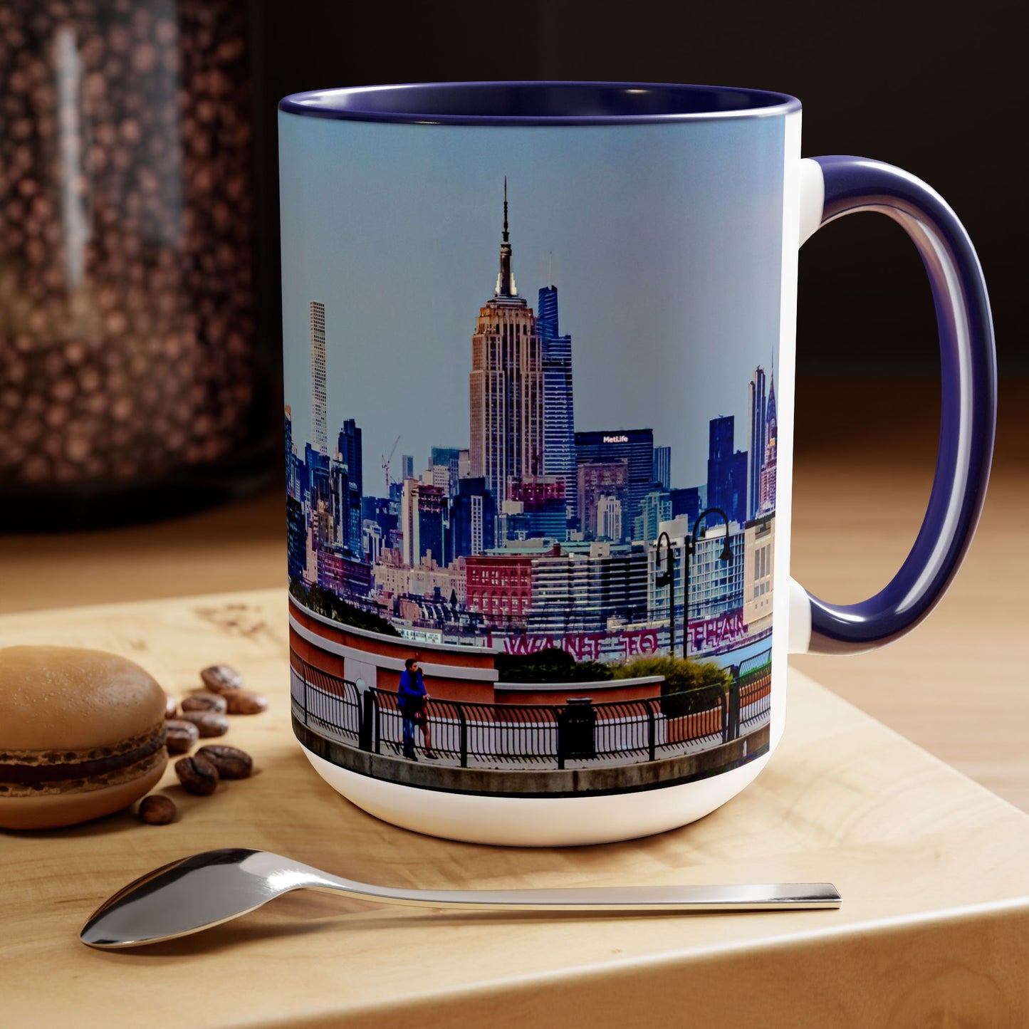 Two Tone Ceramic, 15oz Coffee Mug, Printed with a High-Res Elegant New York Sky Line Image