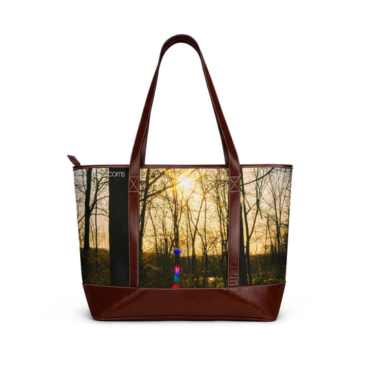 Sunlit Forest Leather-Trim Handbag — Nature Tote with Lens Flare
