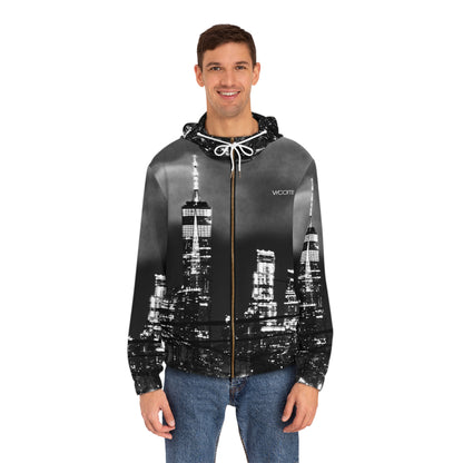 City Skyline Full-Zip Hoodie — Black & White Nightscape