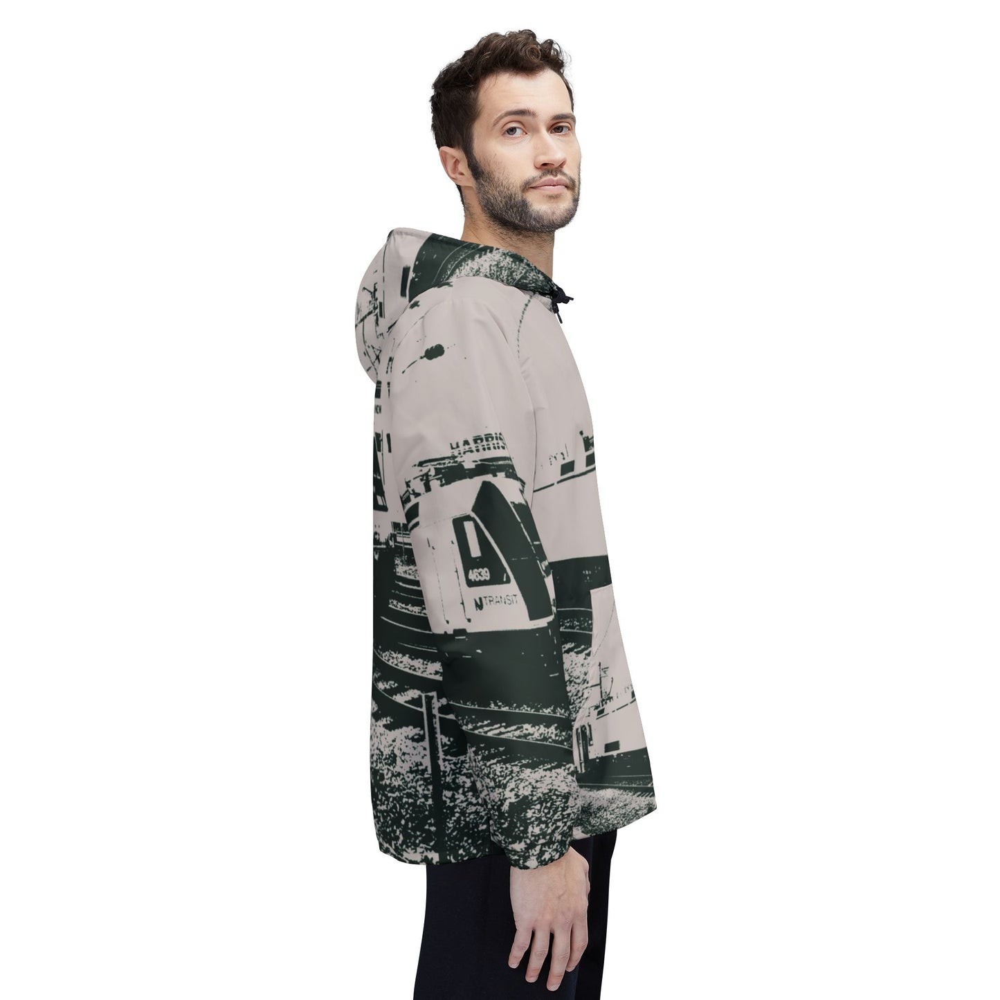NJ Train Station Windbreaker Jacket — High-Contrast Train