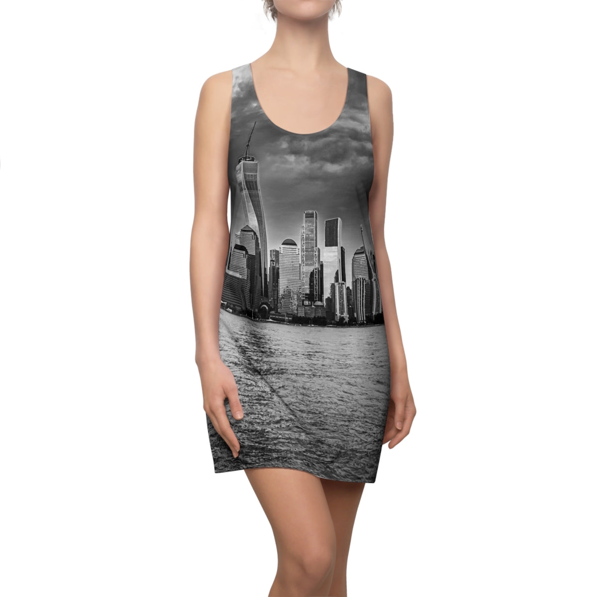 City Skyline Racerback Dress — Black & White New York Waterfront Print