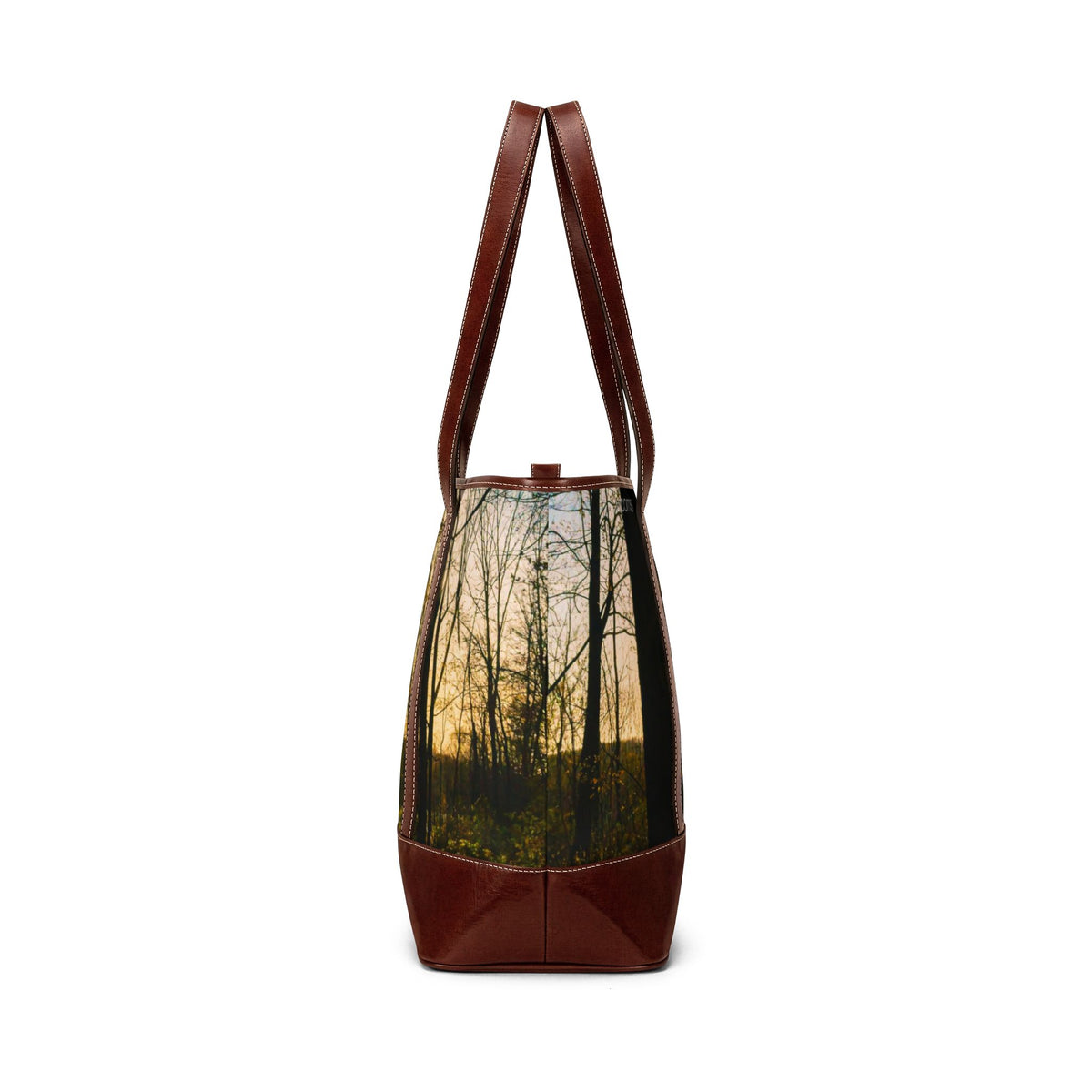 Sunlit Forest Leather-Trim Handbag — Nature Tote with Lens Flare