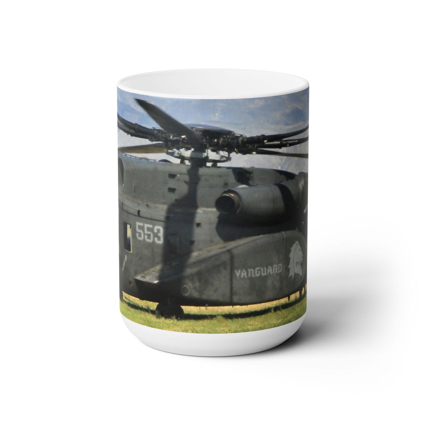 Beautifull 15oz Ceramic Coffe Mug with an original, High-Res, Full Color Image of a Military Helicopter.