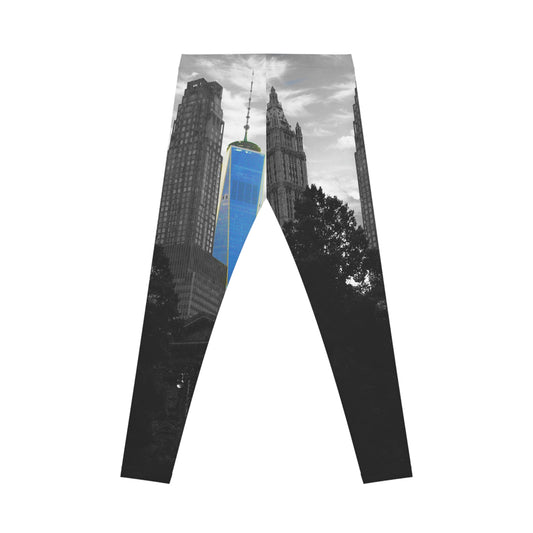 Leggings con el horizonte de Nueva York: detalle azul del One World Trade Center