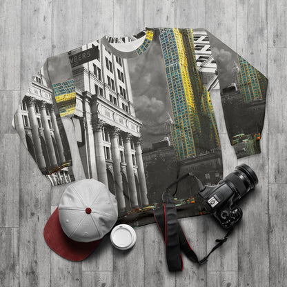 Cityscape Crewneck Sweatshirt — Vintage Black & White Skyline with Gold Accent