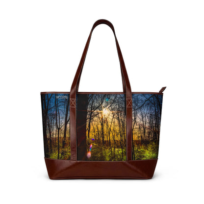 Sunlit Forest Handbag – Scenic Nature Tote Bag with Sunrise Trees Print