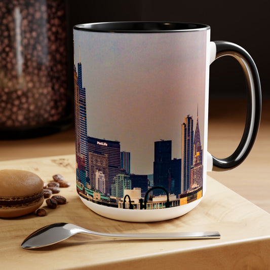 Two Tone 15oz Ceramic,  Coffe Mug, Printed with a High-Res Elegant Image of  New  York City View.