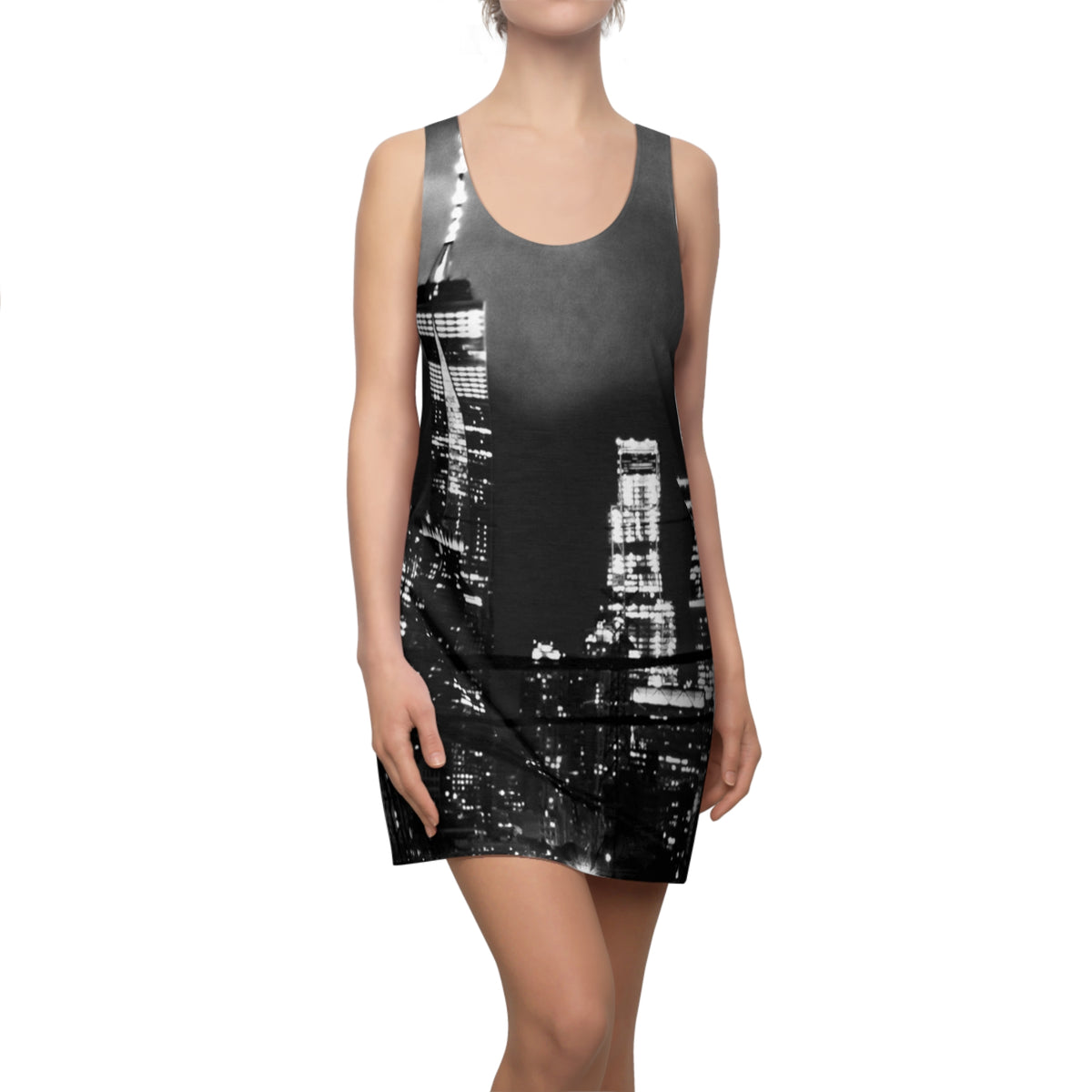 B&W Down Town New Yor Skyline Racerback Dress —Night Cityscape