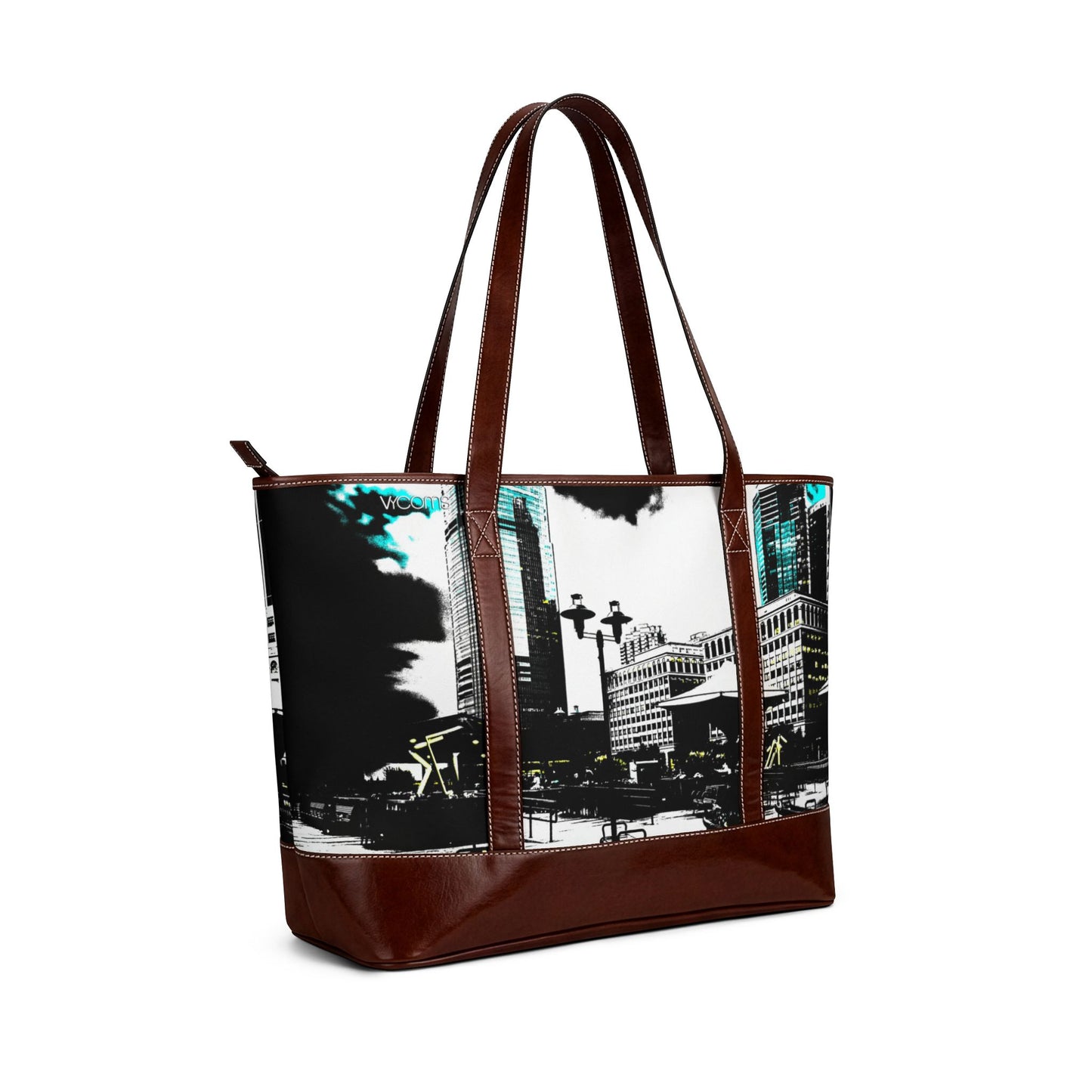 Exchange Place Cityscape Tote Handbag — Modern Urban Skyline Leather-Trim Tote