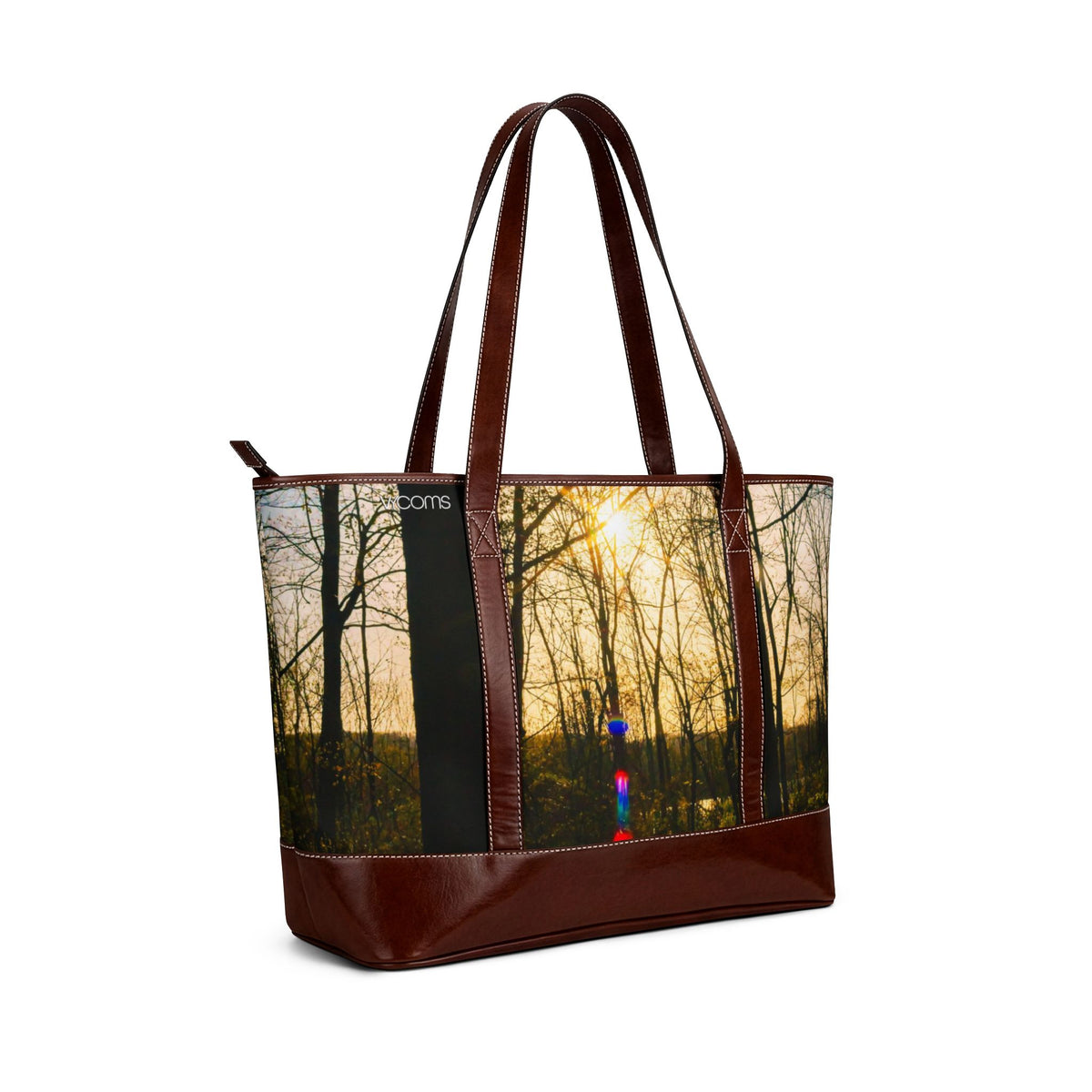 Sunlit Forest Leather-Trim Handbag — Nature Tote with Lens Flare