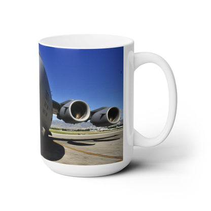 Elegant 15oz Ceramic Coffee Mug with a beautiful image of a C-5 Galaxy cargo airplane.