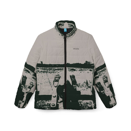 Women’s Puffer Jacket – Vintage Black-and-White Winter Landscape Design