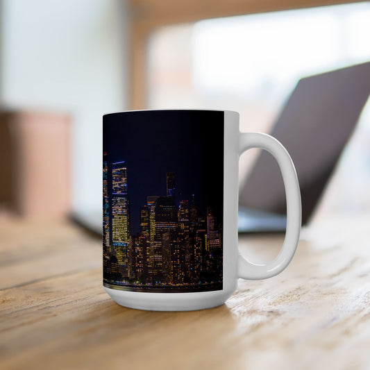 Ceramic Coffe Mug 15oz printed with Elegant High-Res, Full Color, New York Sky Line Image.