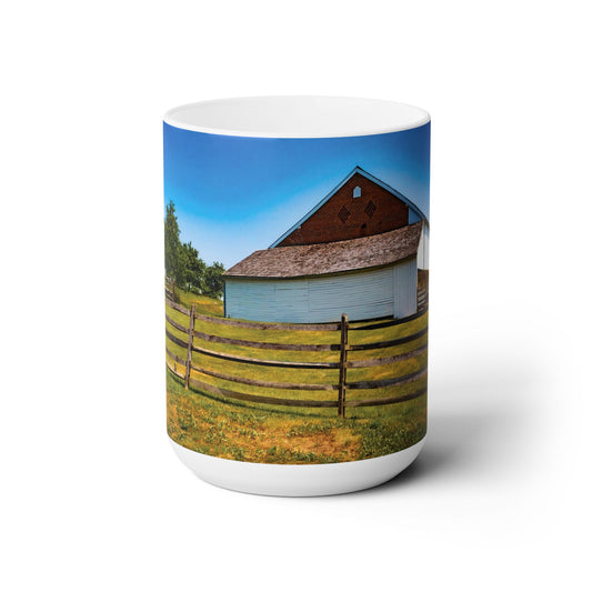 Elegant 15oz Ceramic Coffee Mug printed with a beautiful country side house.