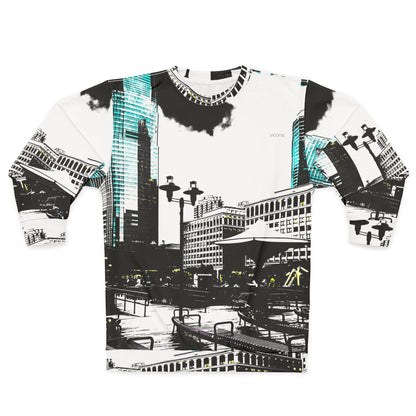 Glass Skyscraper Cityscape Sweatshirt — Urban Skyline Graphic Crewneck