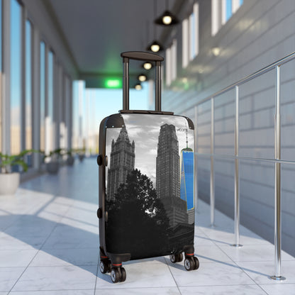 New York Skyline Carry-On Suitcase — Black & White Cityscape with Blue One World Trade Center Accent