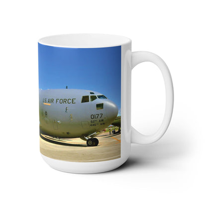 Elegant 15oz Ceramic Coffee Mug with a beautiful image of a C-5 Galaxy cargo airplane.