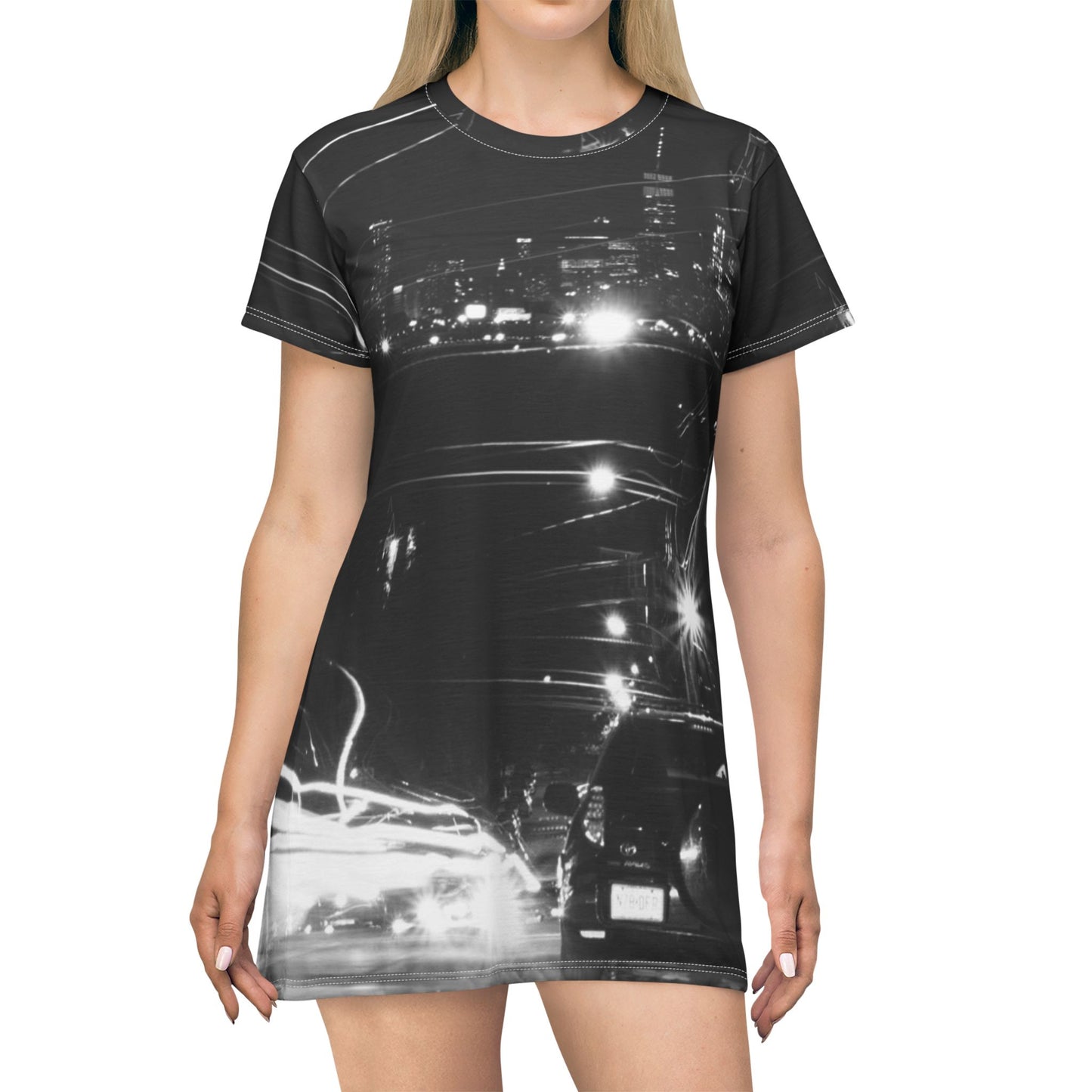 City Night Lights Dress — Black & White Long Exposure Urban Landscape