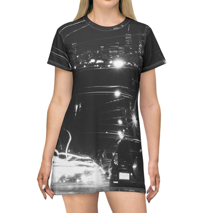 City Night Lights Dress — Black & White Long Exposure Urban Landscape