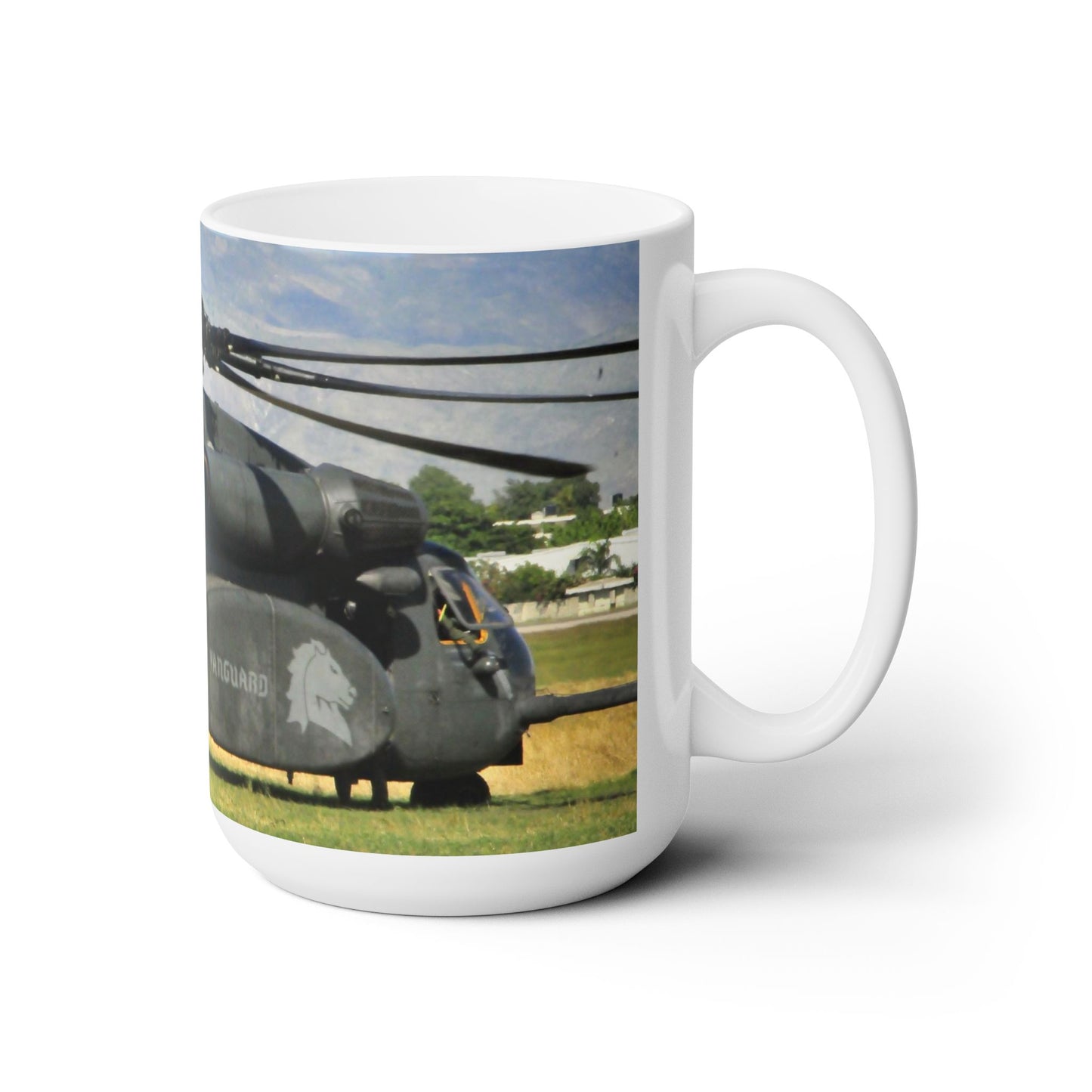 Beautifull 15oz Ceramic Coffe Mug with an original, High-Res, Full Color Image of a Military Helicopter.