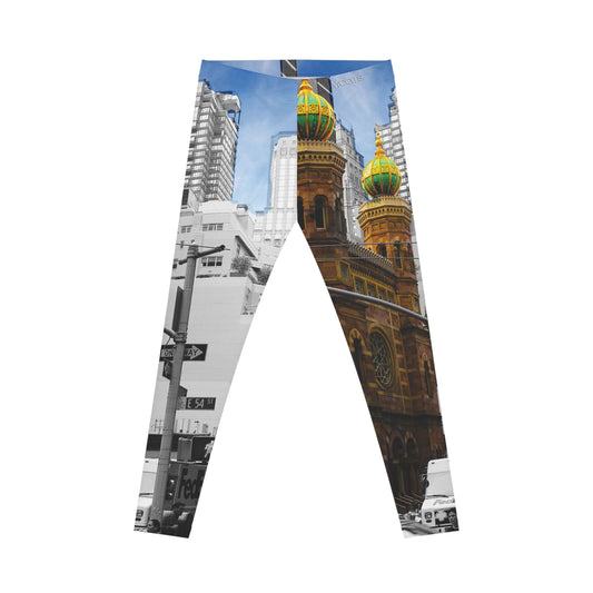 Leggings con paisaje urbano de Nueva York: Leggings con imagen de catedral vintage y ciudad