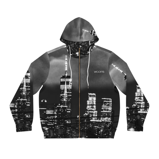 City Skyline Full-Zip Hoodie — Black & White Nightscape