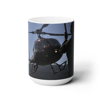 Elegant 15oz Ceramic Coffee Mug printed with a beautiful image of a landing helicopter.