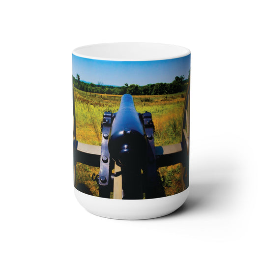 Elegant 15oz Ceramic Coffee Mug Printed with a Gettysburg Battle Field Cannon.
