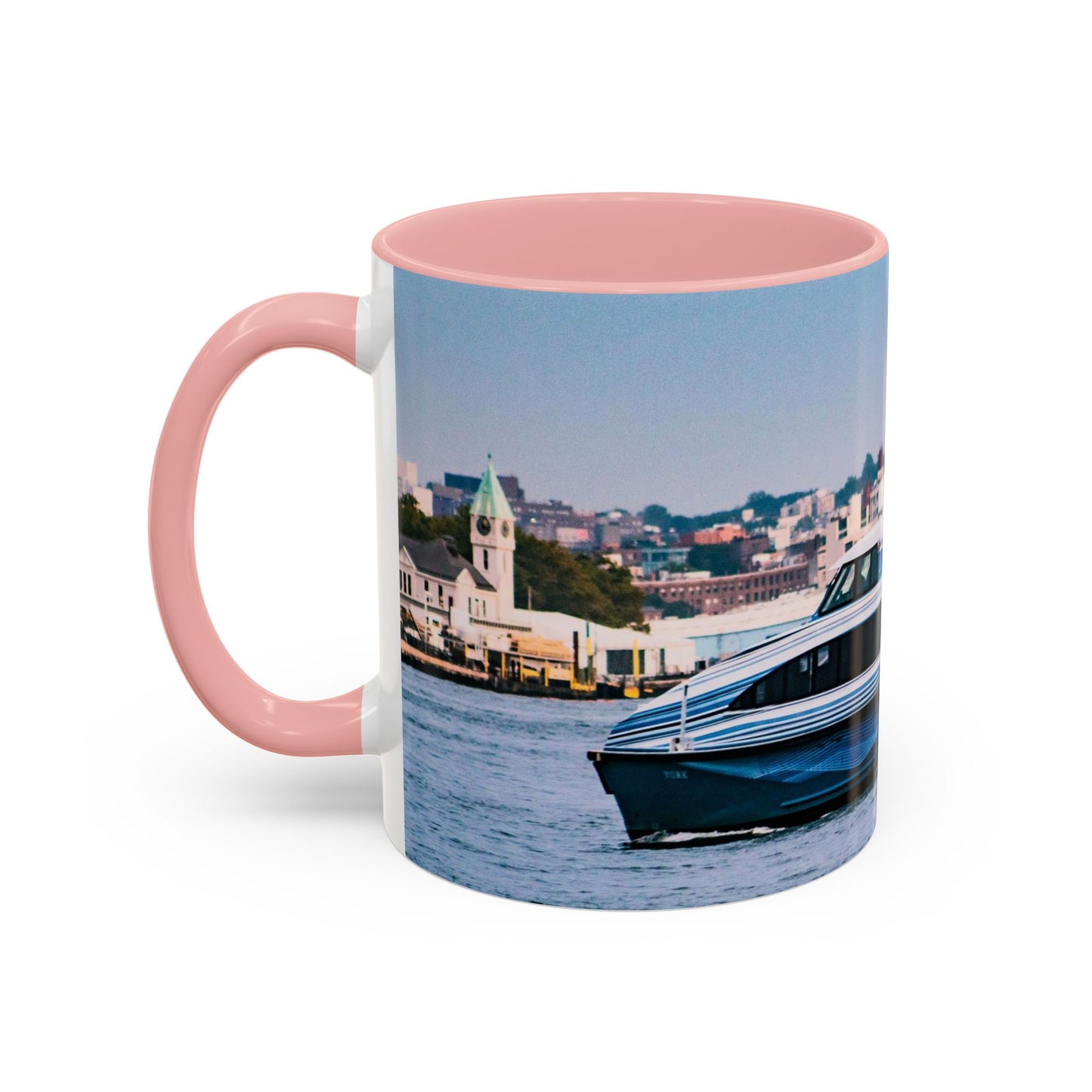 Two Tone 11oz Ceramic, Coffe Mug, Printed with a High-Res Elegant Image of a Boat at the Hudson River, New York.