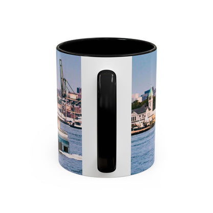 Two Tone 11oz Ceramic, Coffe Mug, Printed with a High-Res Elegant Image of a Boat at the Hudson River, New York.