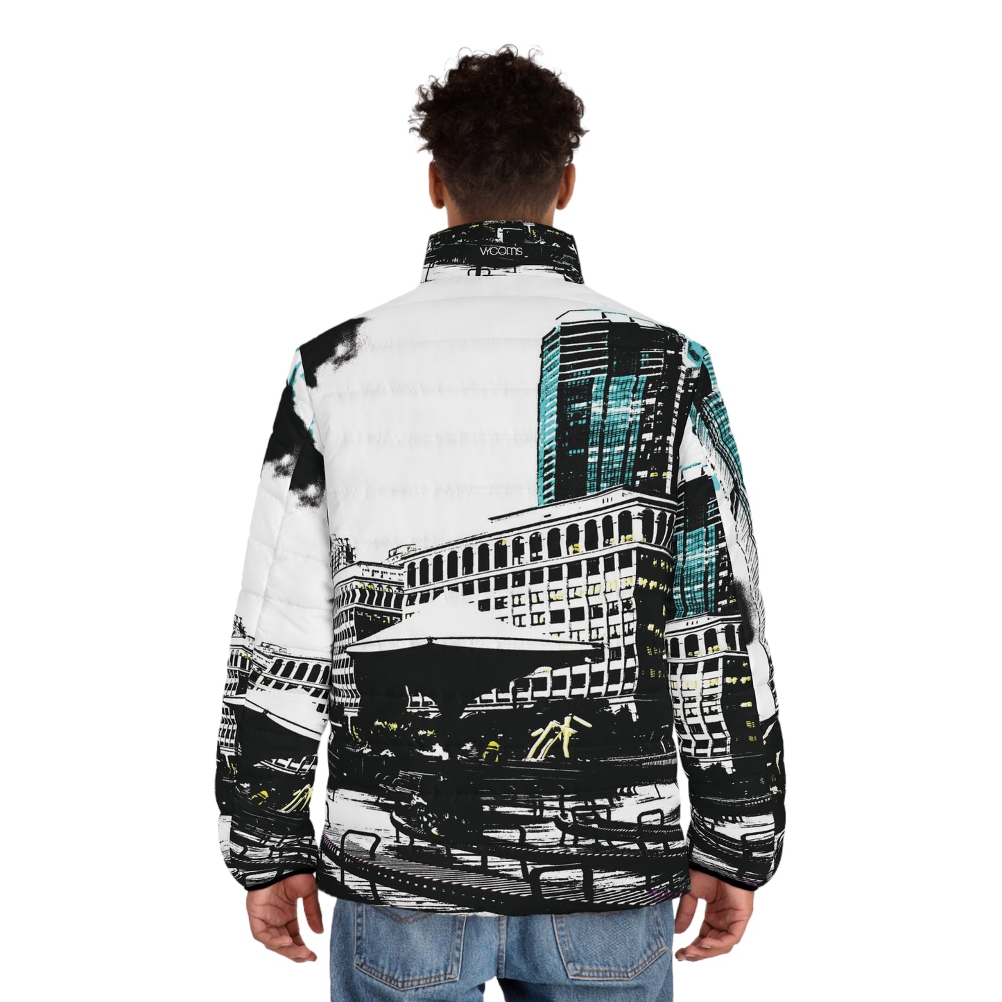 Cityscape Men’s Puffer Jacket — Black & Teal Urban
