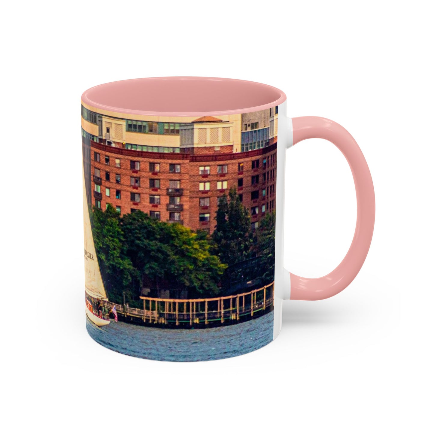 Two Tone Ceramic, 11oz Coffe Mug, Printed with a High-Res Elegant Image of a Saul Boat at the Hudson River, New York.