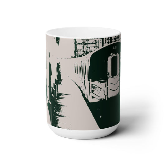 Elegante taza de café de cerámica de 15 oz impresa con una hermosa imagen de un tren.
