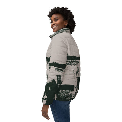 Women’s Puffer Jacket – Vintage Black-and-White Winter Landscape Design