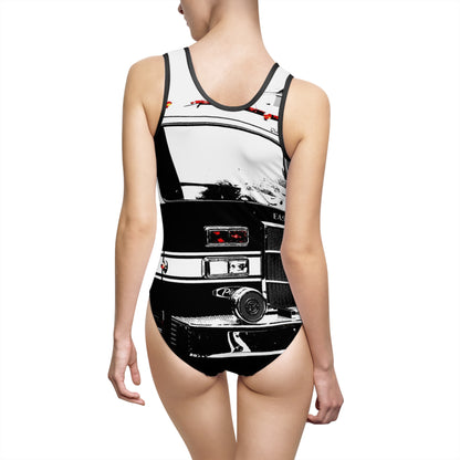Classic Fire Truck Black & White One-Piece Swimsuit — Retro Automotive Print
