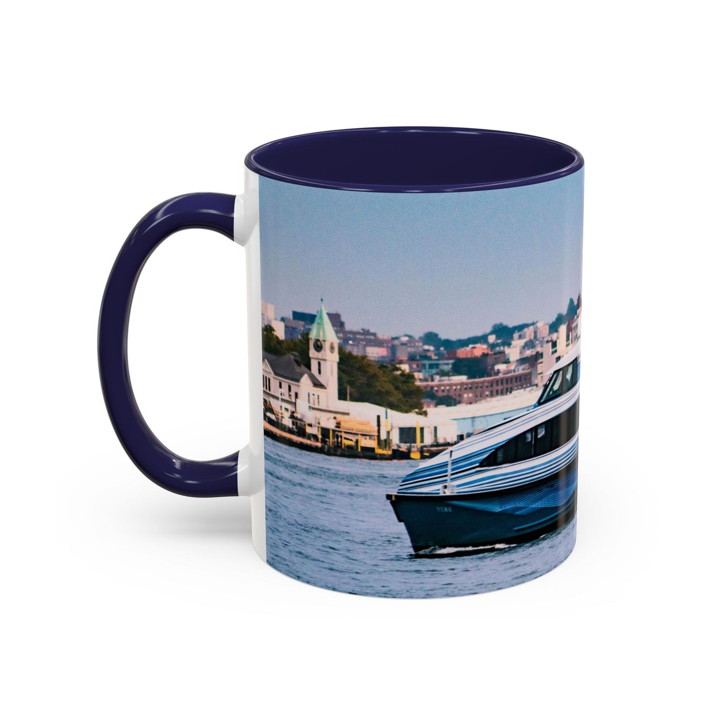 Two Tone 11oz Ceramic, Coffe Mug, Printed with a High-Res Elegant Image of a Boat at the Hudson River, New York.