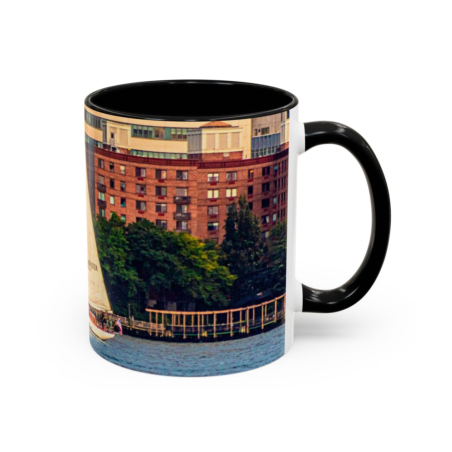 Two Tone Ceramic, 11oz Coffe Mug, Printed with a High-Res Elegant Image of a Saul Boat at the Hudson River, New York.