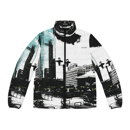Cityscape Men’s Puffer Jacket — Black & Teal Urban