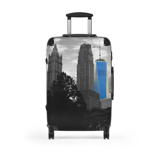 New York Skyline Carry-On Suitcase — Black & White Cityscape with Blue One World Trade Center Accent